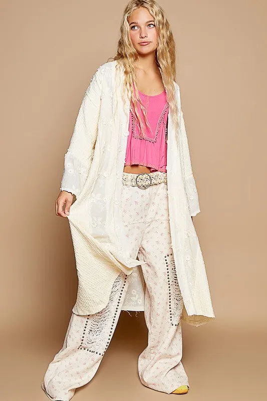 Lace Chic Flower Lace Trim Open Front Longline Cardigan