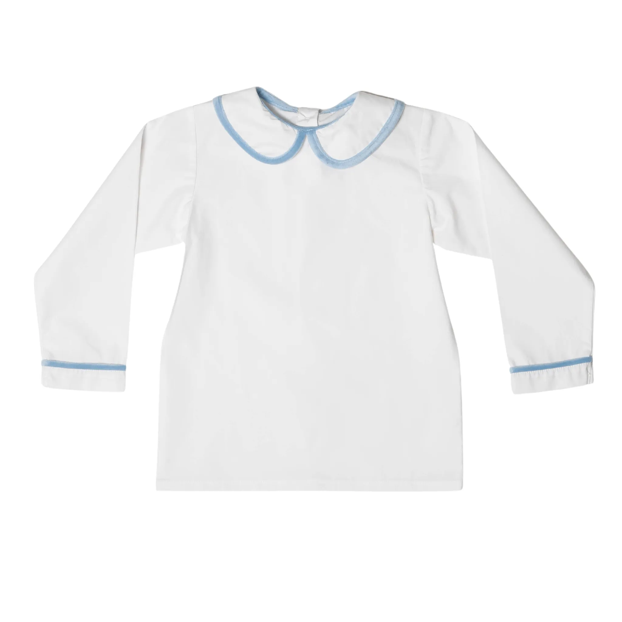 Long Sleeve Henry Peter Pan in White with Bay Tree Blue Velvet Trim