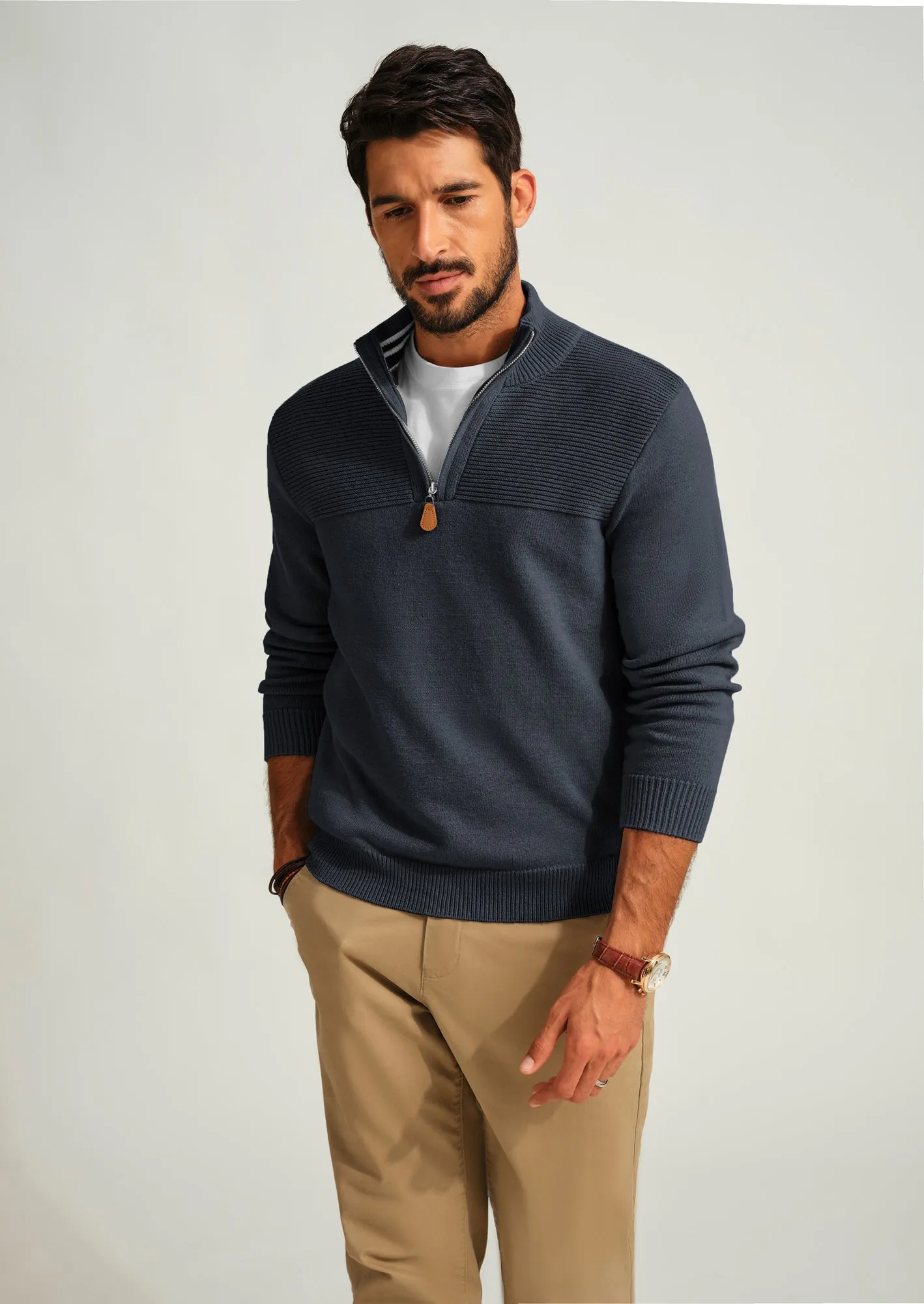 Men's Quarter Zip Sweater Slim Fit Casual Pullover Sweater Mock Neck Polo Sweaters