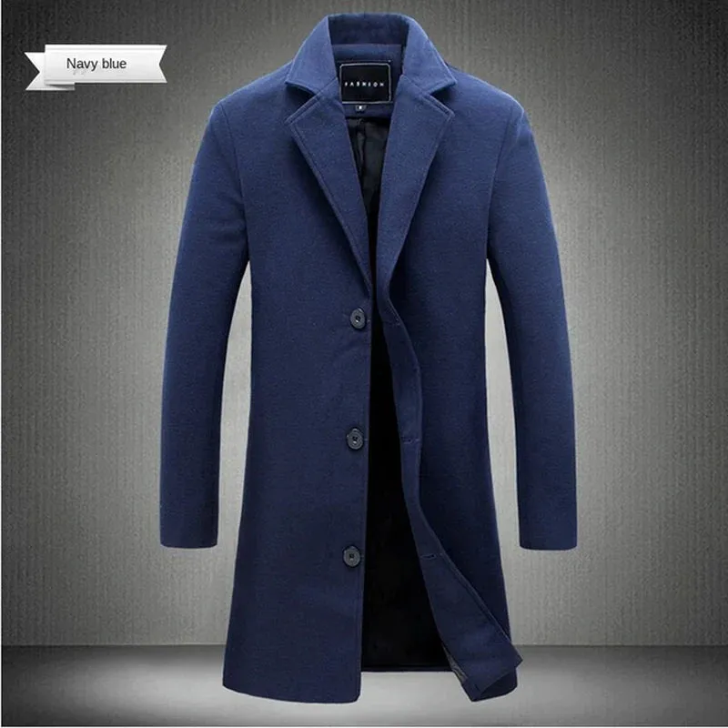 Men's Spring & Autumn Wool Blend Long Coat: Refined for Business Elegance, Tailored for Sophisticated Style and Professional Appeal