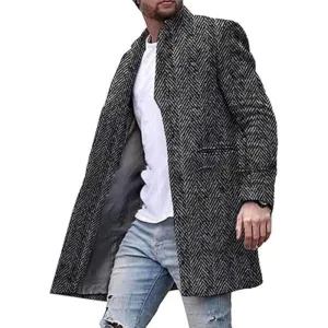 Men's Vintage Herringbone Stand Collar Mid-Length Coat 78111848X