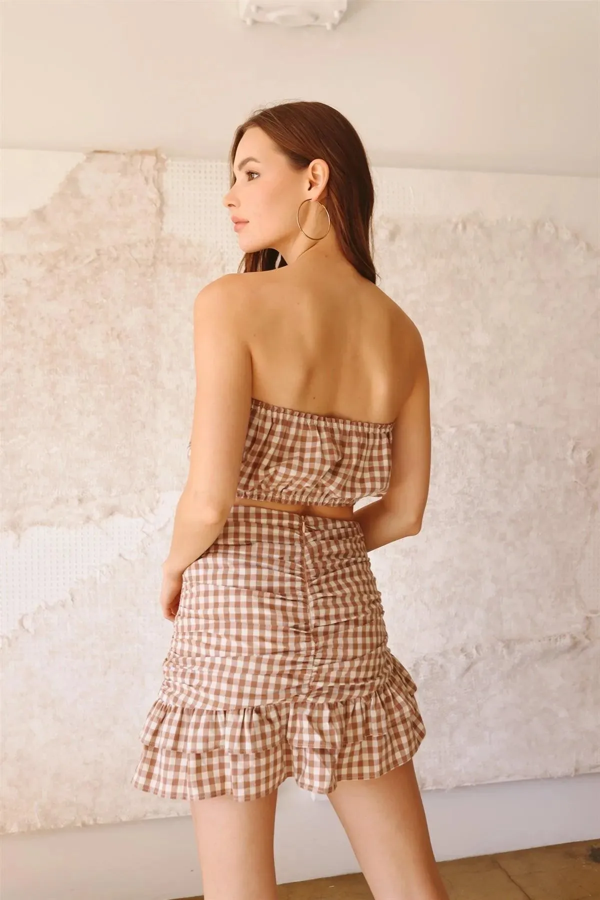 Mocha Plaid Strapless Crop Top & Flare Hem Mini Skirt Set