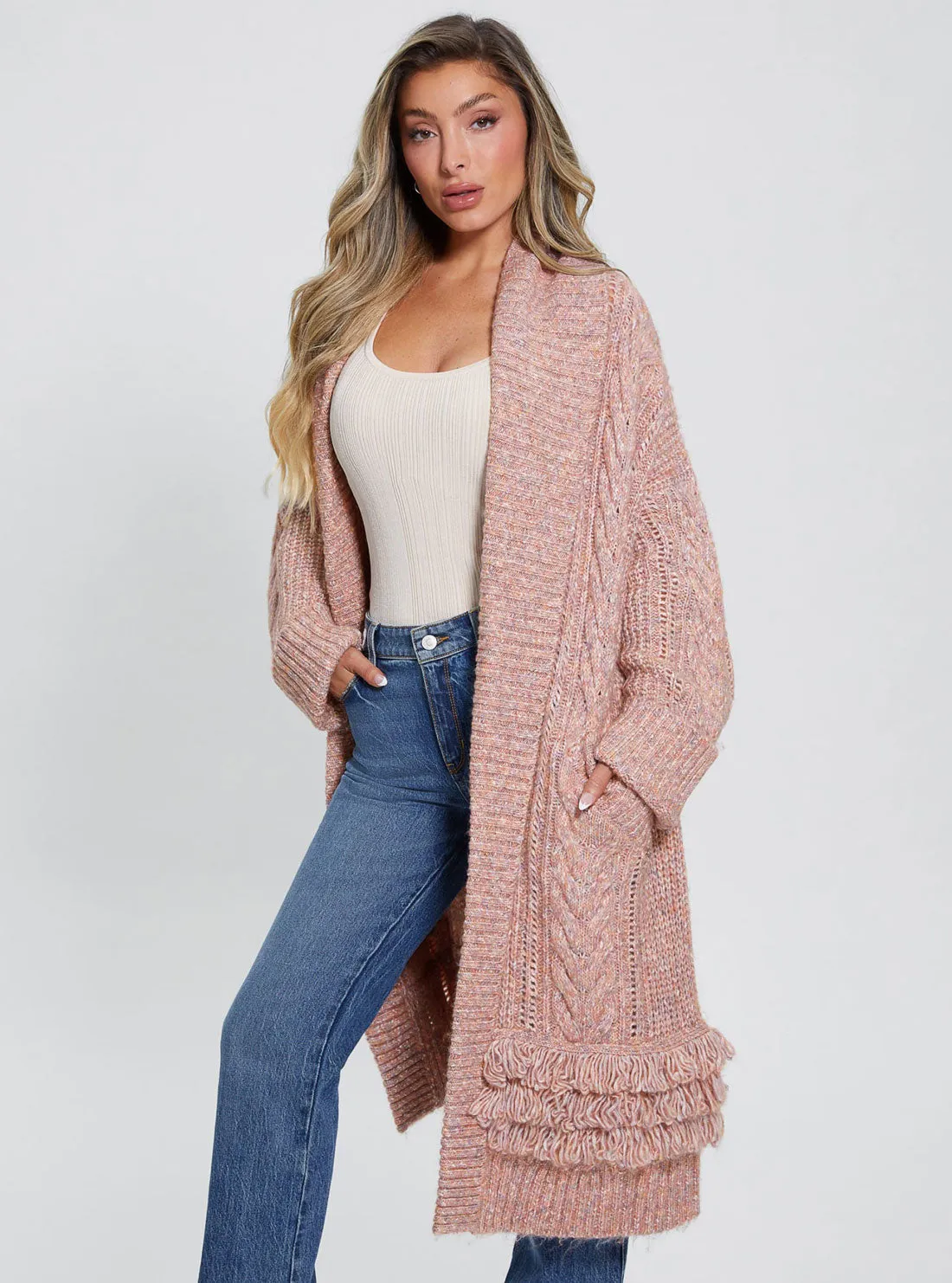 Pink Liliane Longline Knit Cardigan Jumper