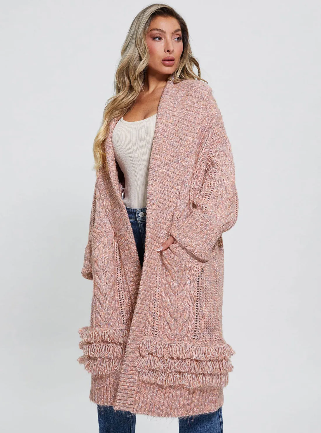 Pink Liliane Longline Knit Cardigan Jumper