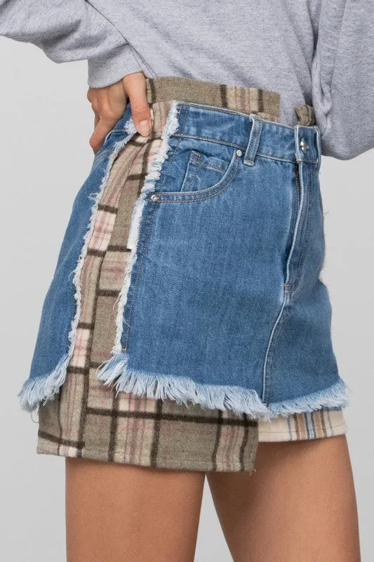 PLAID CHECKER DENIM MINI SKIRT