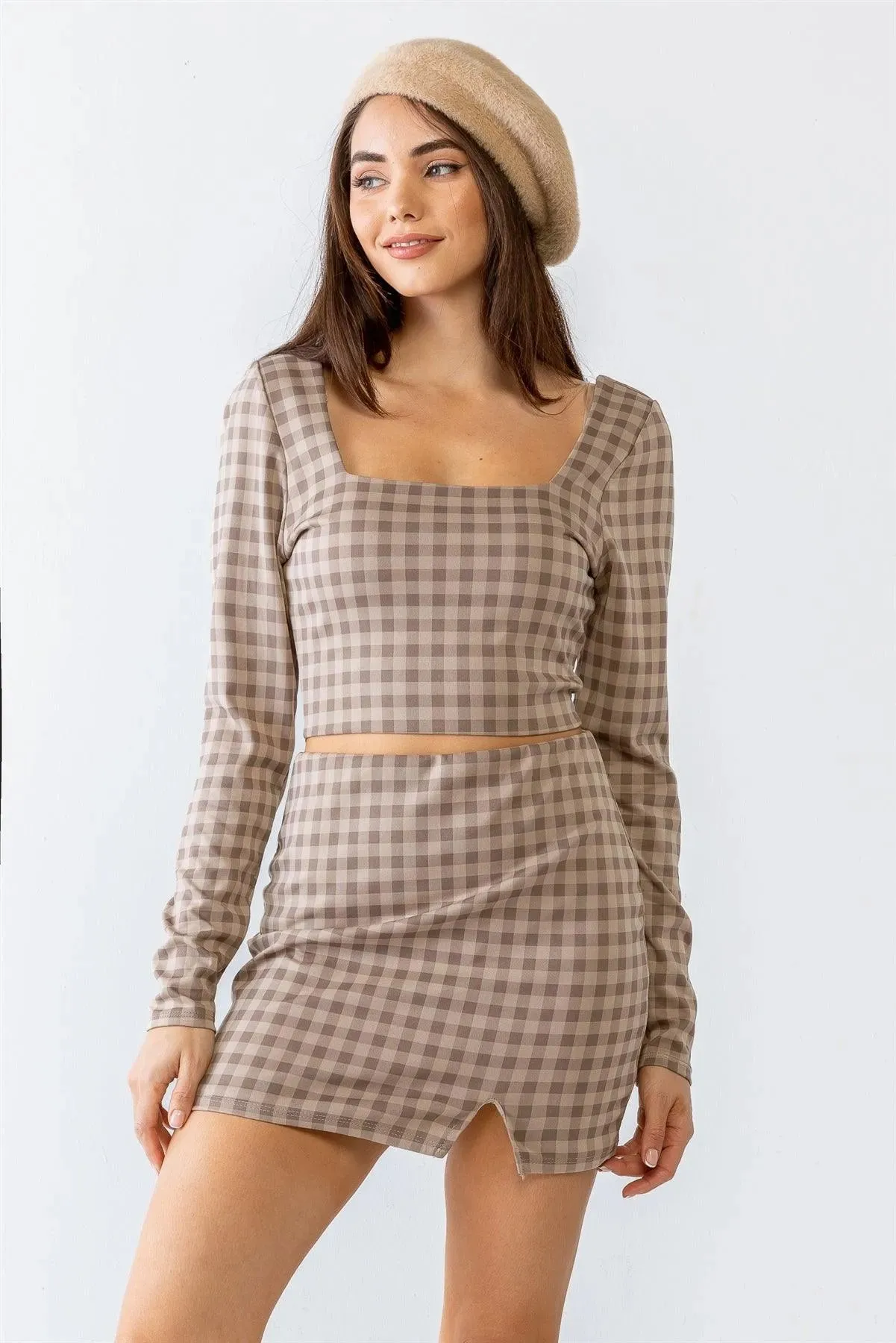 Plaid Print Square Neck Crop Top & High Waist Mini Skirt Set