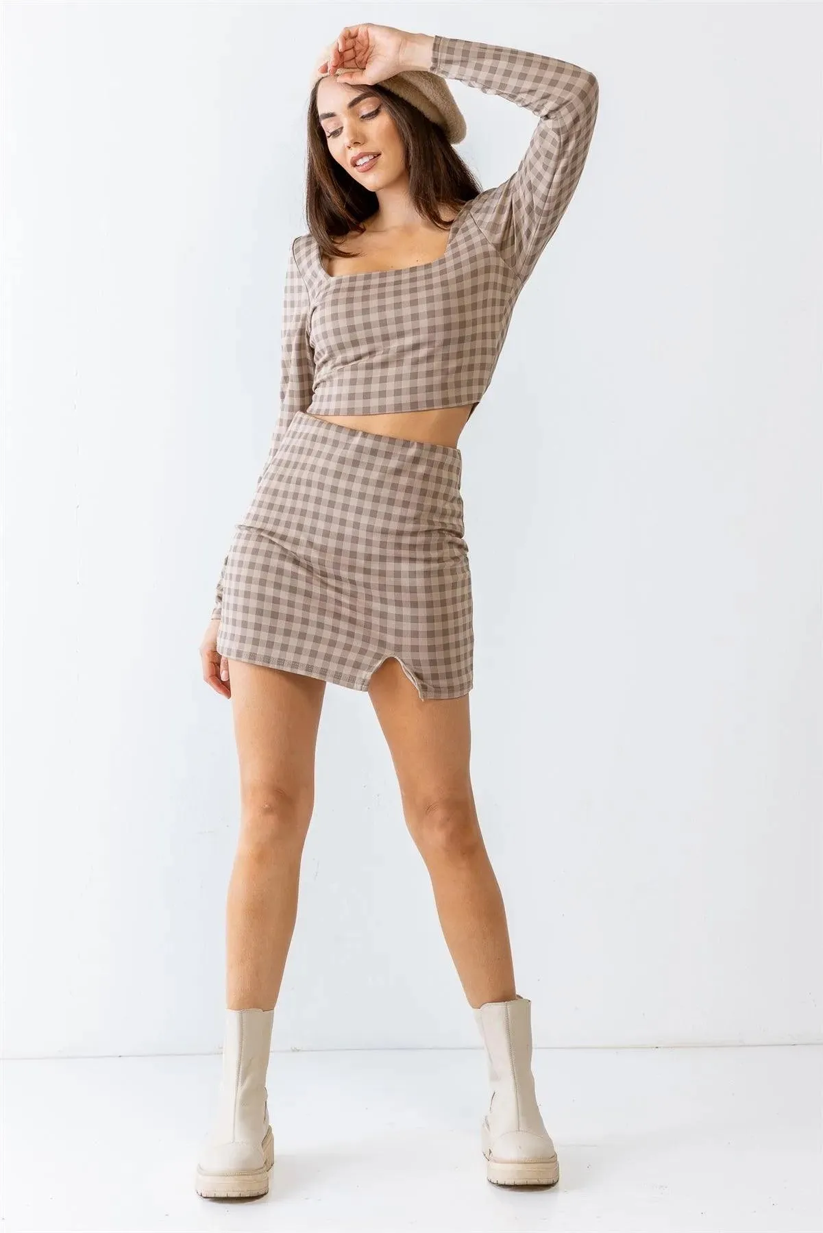 Plaid Print Square Neck Crop Top & High Waist Mini Skirt Set