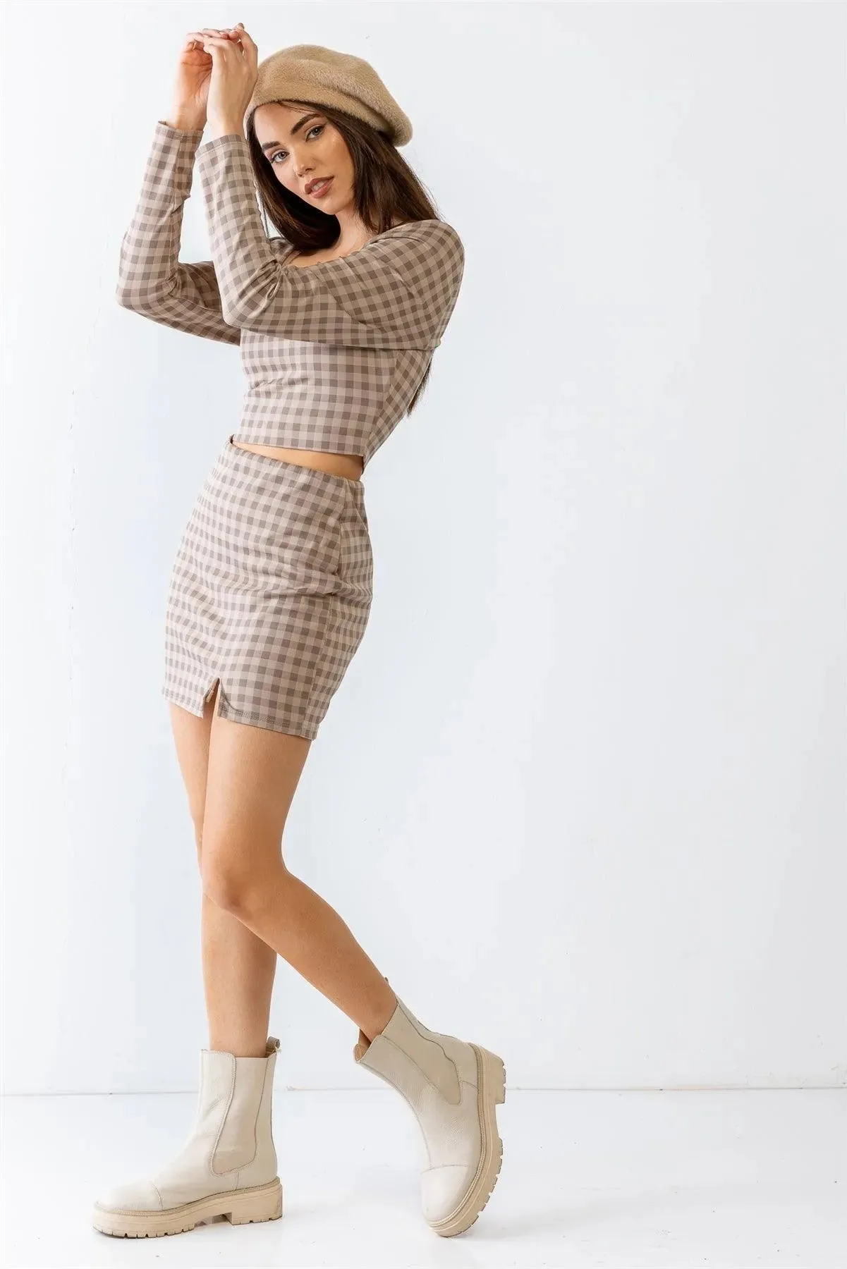 Plaid Print Square Neck Crop Top & High Waist Mini Skirt Set