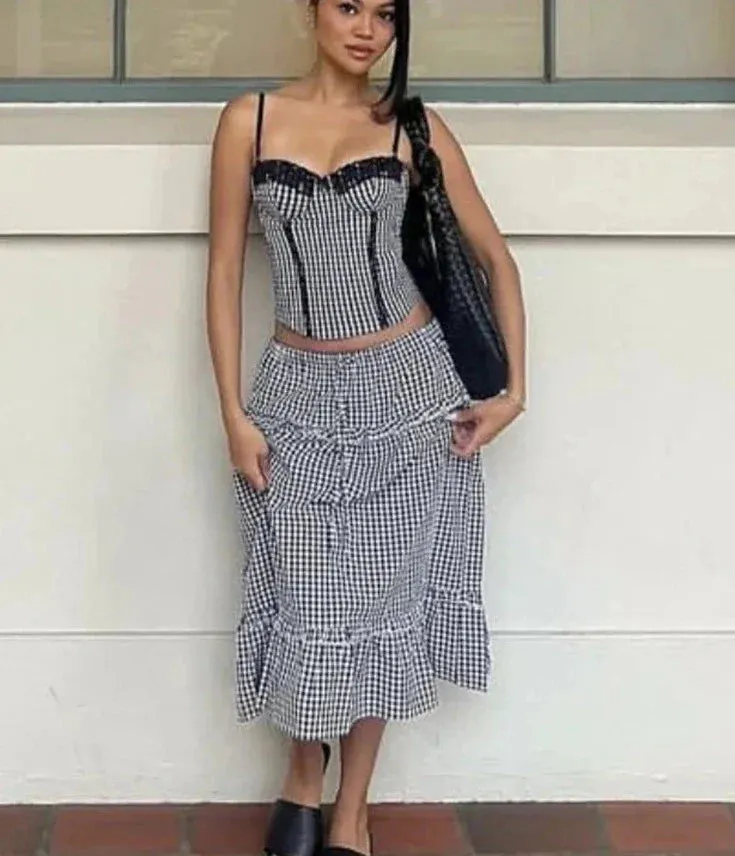 Plaid Printed Top and Midi Trendy Skirt Matching 2 Piece Set