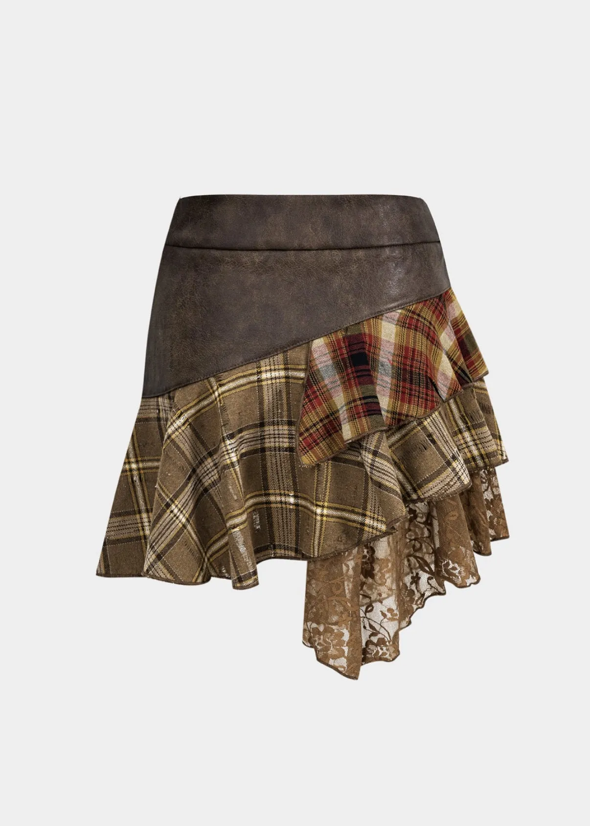 Plaid Ruffled Patchwork Faux Leather Skirt