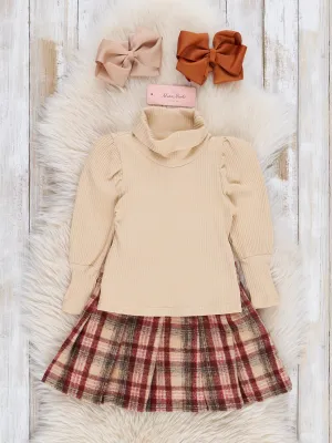 Ribbed Turtleneck & Plaid Outfit w/ Skirt - Mocha