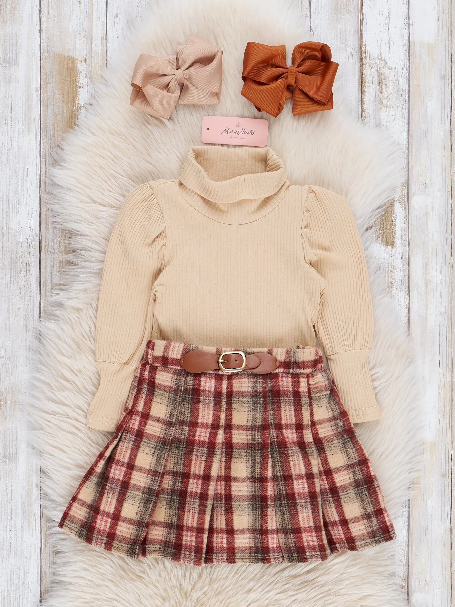 Ribbed Turtleneck & Plaid Outfit w/ Skirt - Mocha