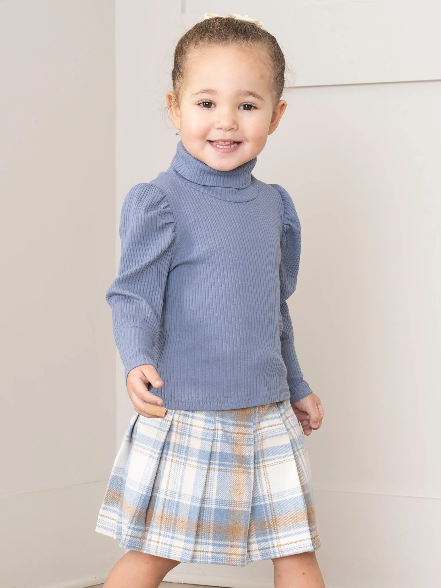 Ribbed Turtleneck & Plaid Skirt Set - Blue