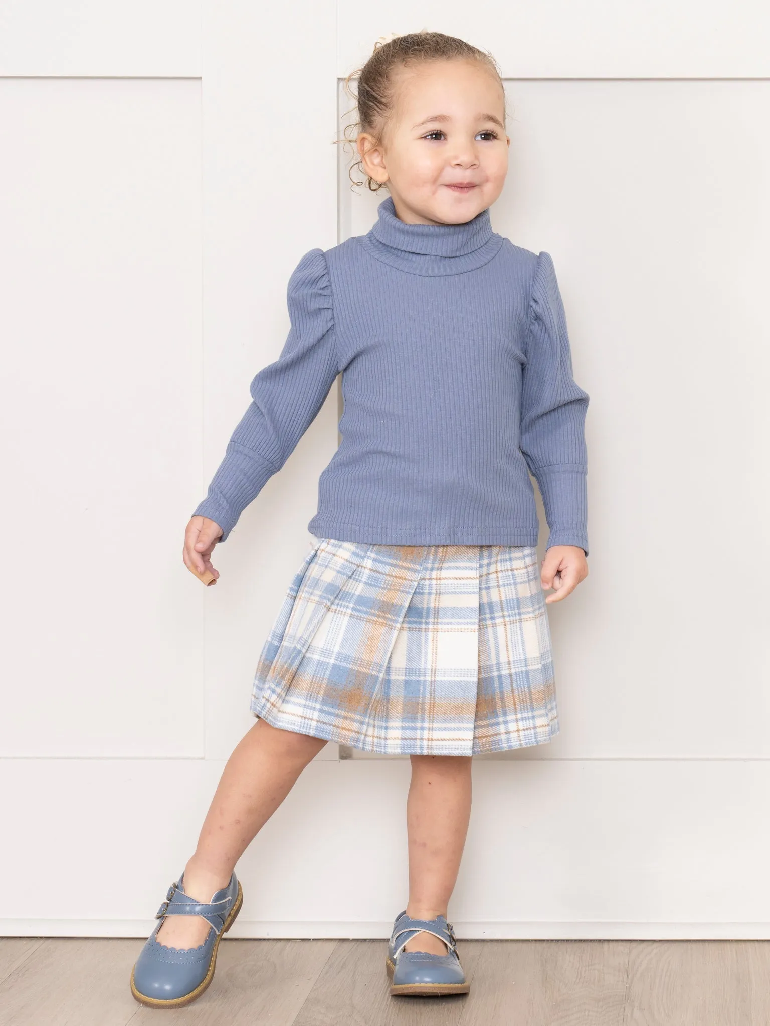 Ribbed Turtleneck & Plaid Skirt Set - Blue