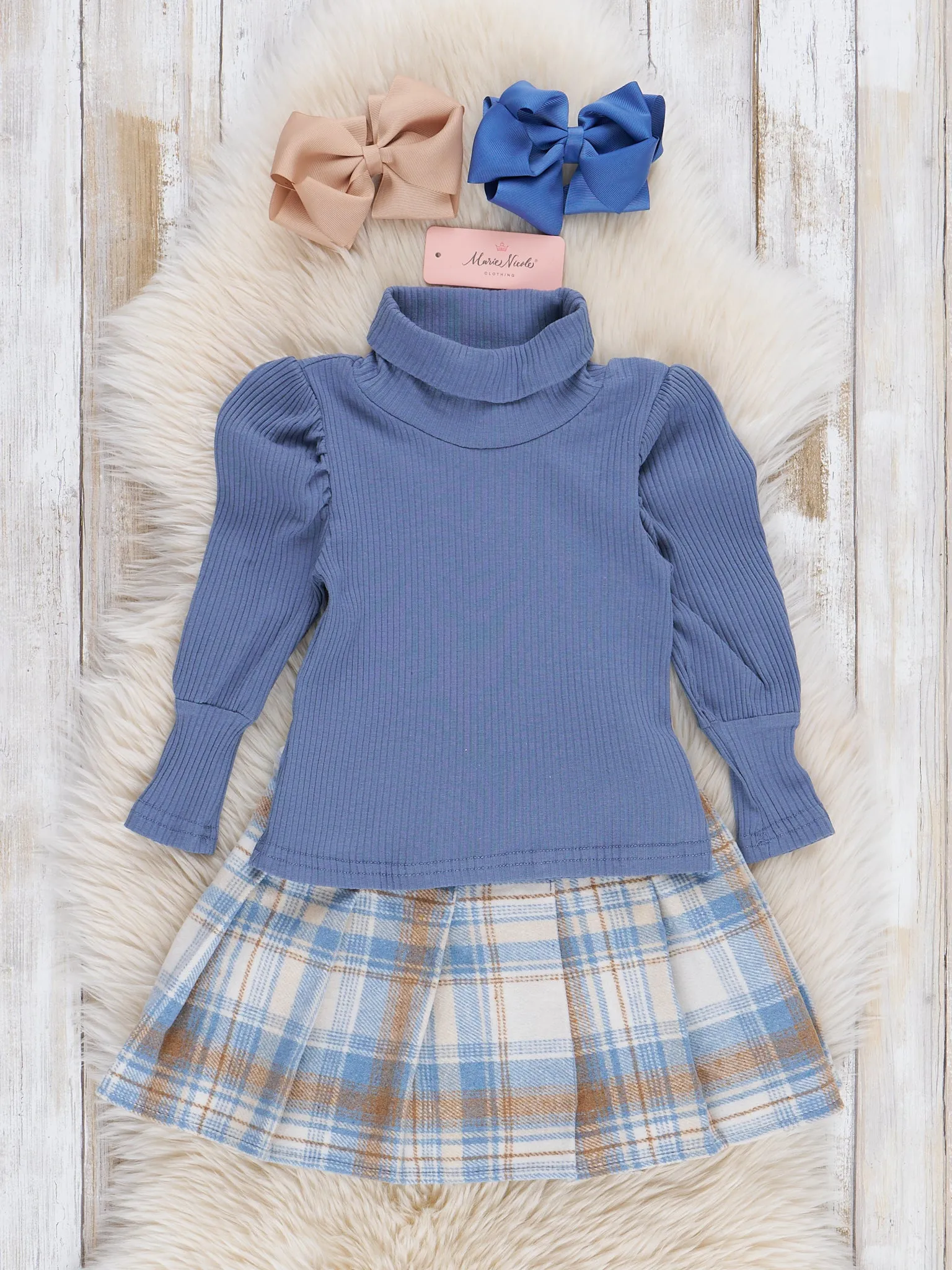 Ribbed Turtleneck & Plaid Skirt Set - Blue