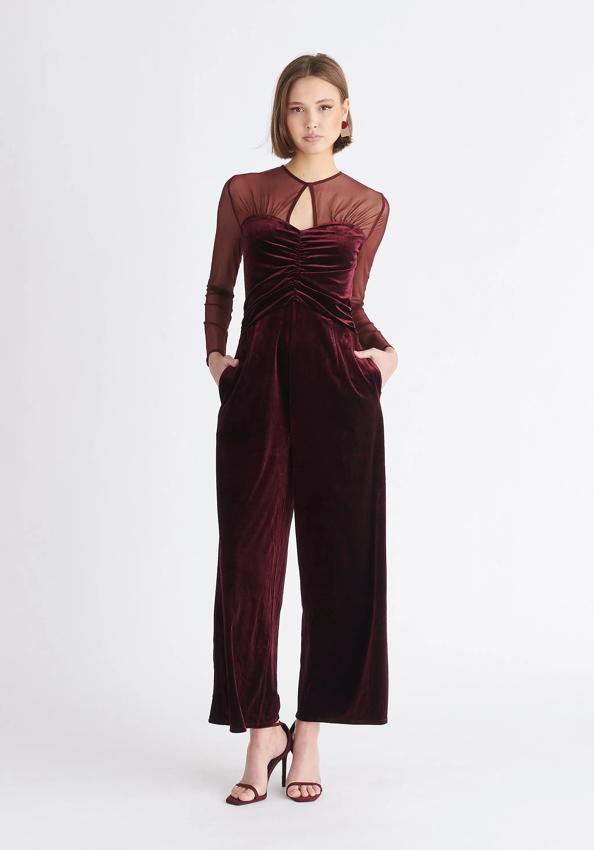 Sheer Sleeve Velvet Jumpsuit