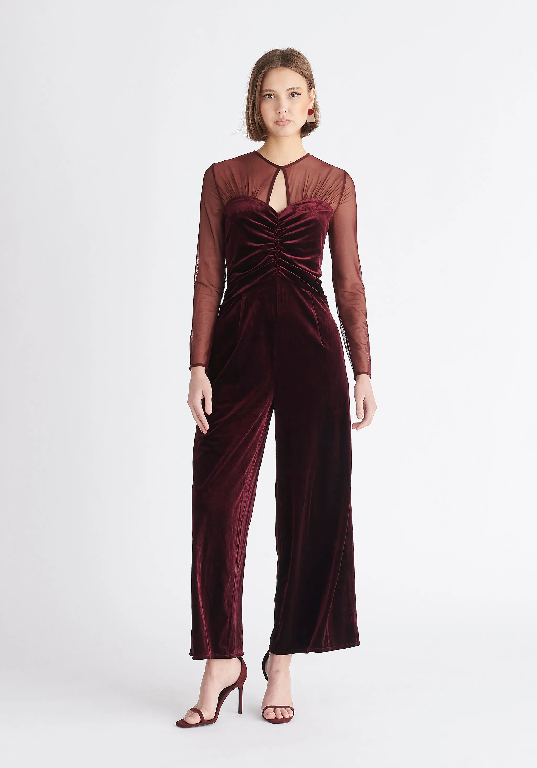 Sheer Sleeve Velvet Jumpsuit