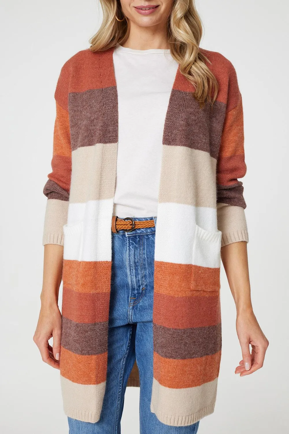 Striped Longline Pocket Front Cardigan