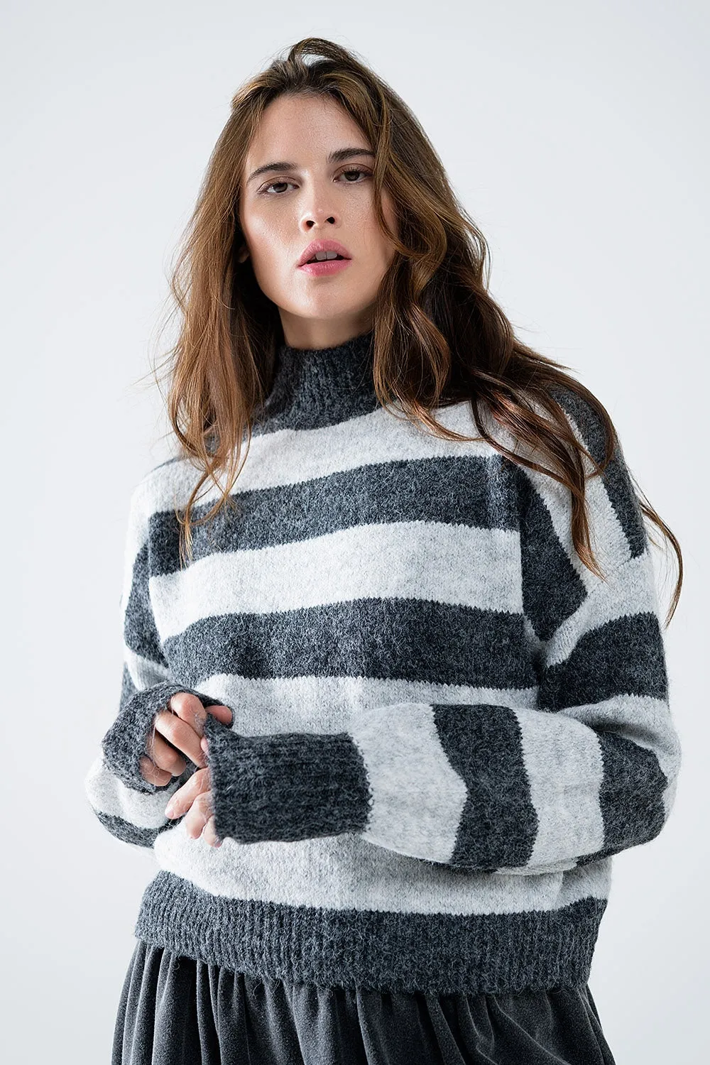 turtleneck gray striped sweater