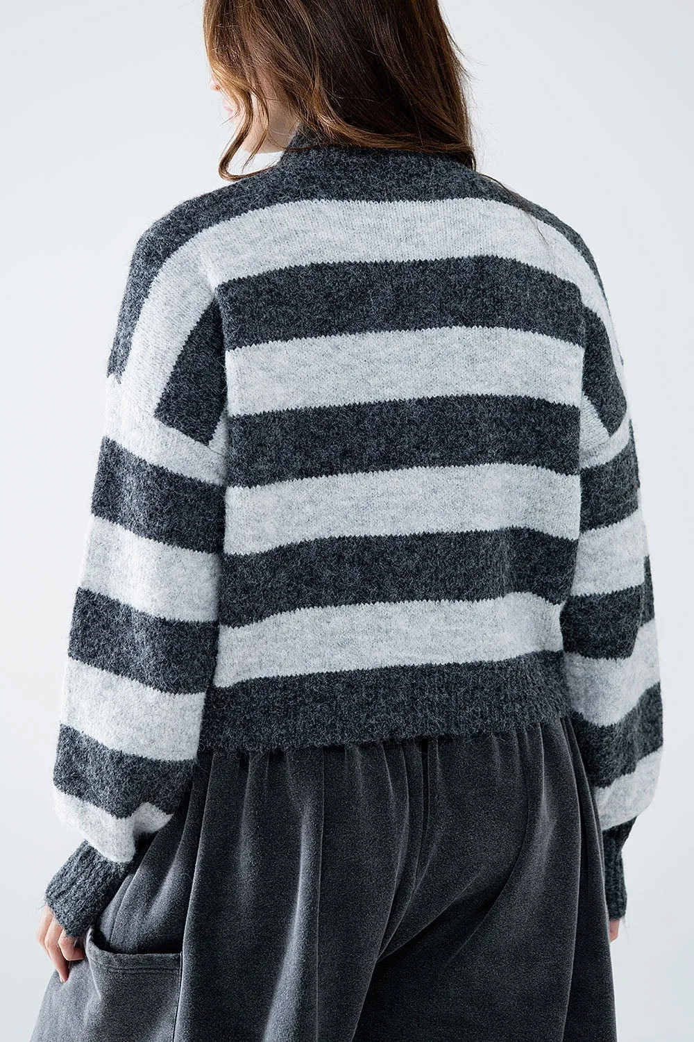 turtleneck gray striped sweater