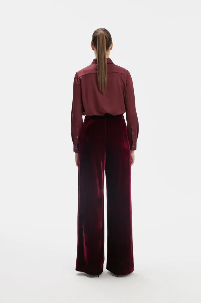 VELVET STRAIGHT LEG TROUSERS IN BURGUNDY