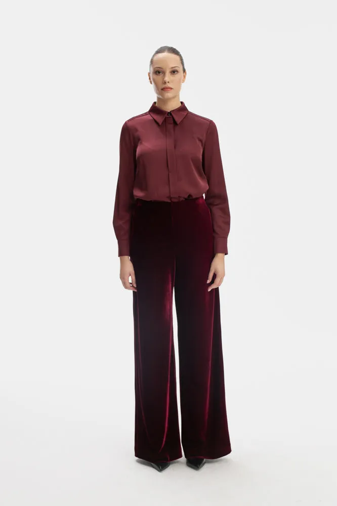 VELVET STRAIGHT LEG TROUSERS IN BURGUNDY