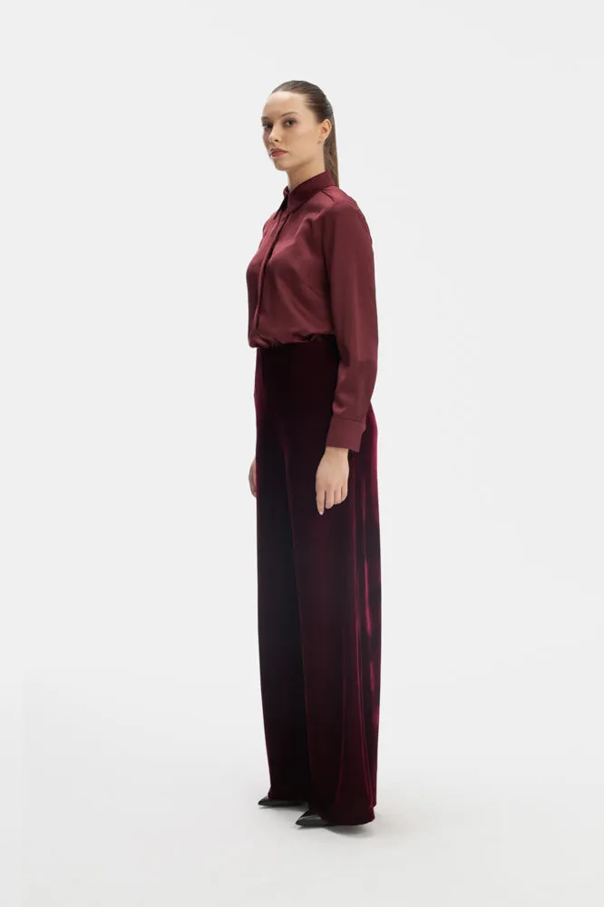 VELVET STRAIGHT LEG TROUSERS IN BURGUNDY