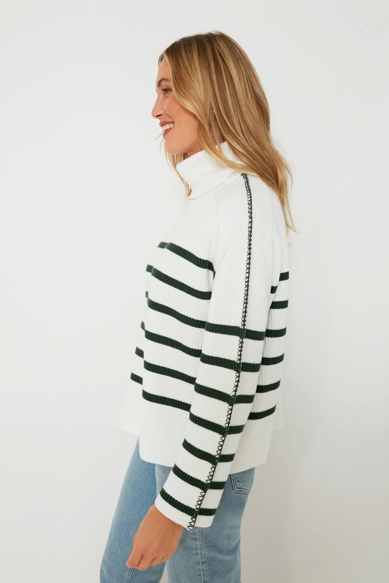 White & Forest Green Striped Emsley Turtleneck