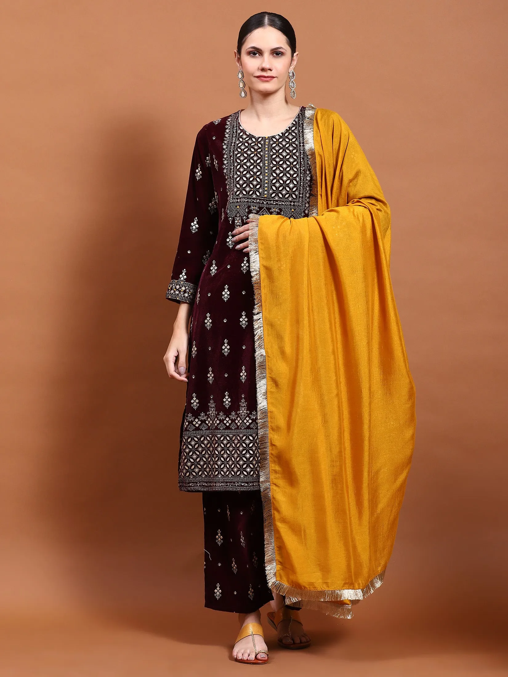 Winter Women Purple Printed Kurta Trouser Dupatta