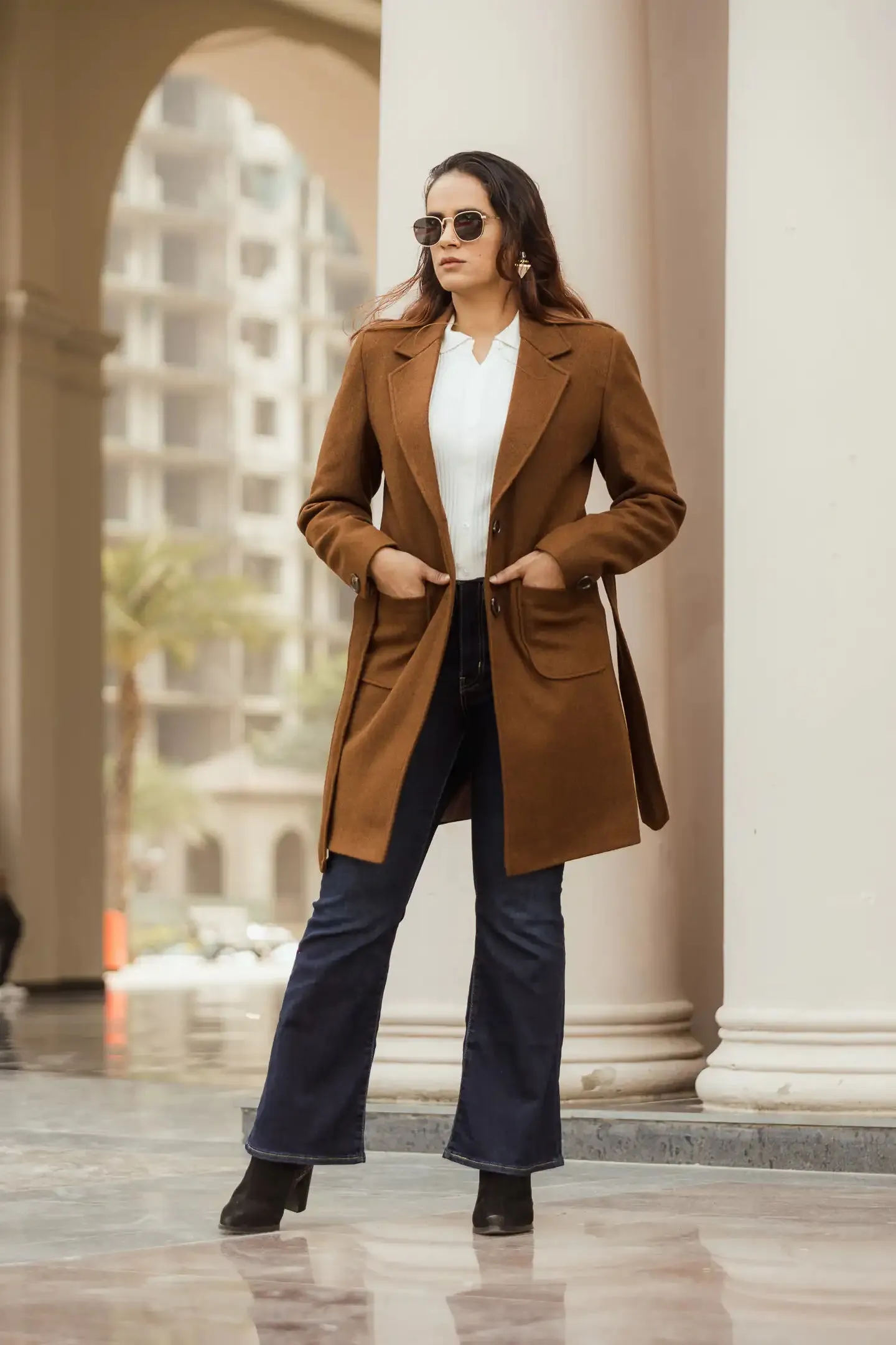 Women Long Coat with Belt