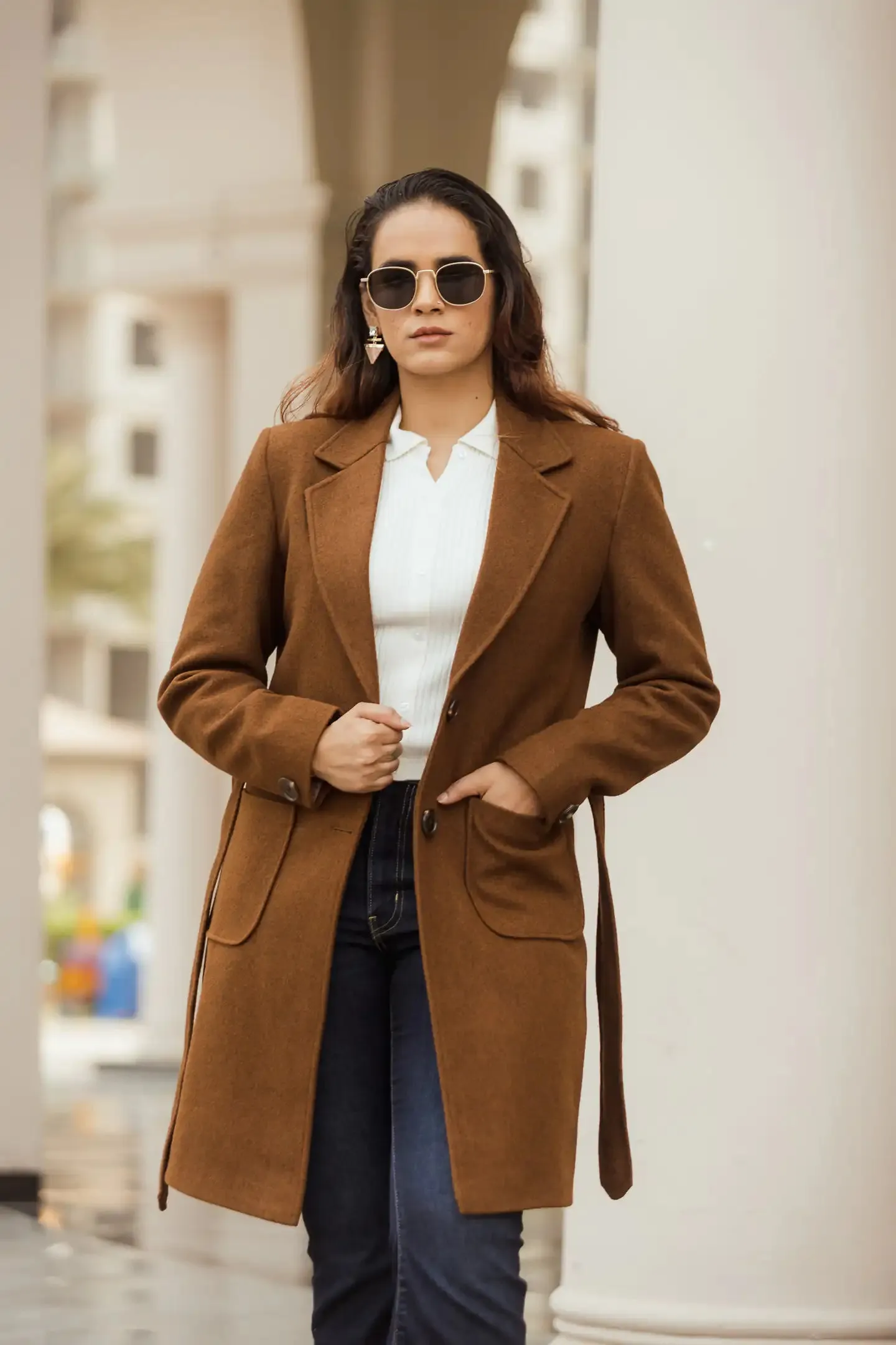 Women Long Coat with Belt