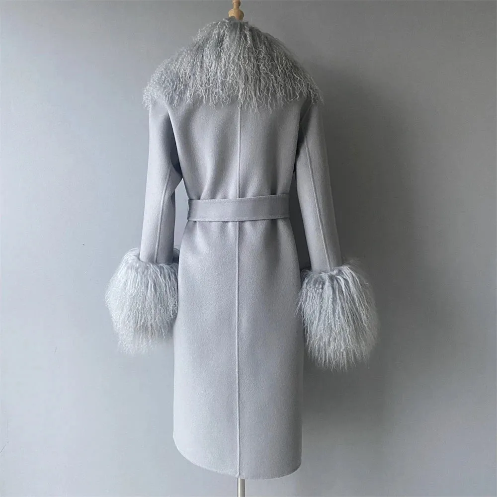 Women's Cashmere & Wool Sheep Fur Wrap Coat