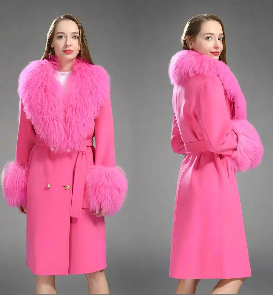 Women's Cashmere & Wool Sheep Fur Wrap Coat