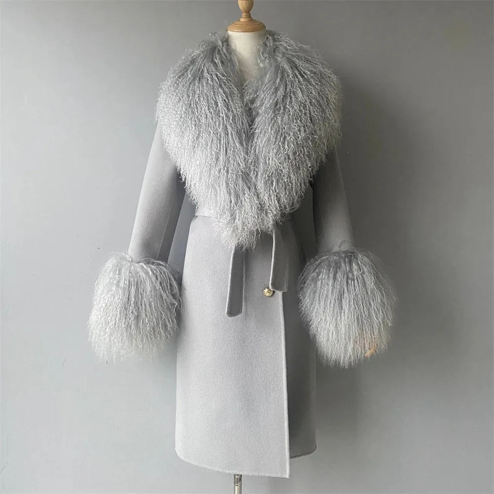 Women's Cashmere & Wool Sheep Fur Wrap Coat