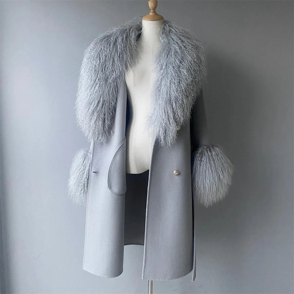 Women's Cashmere & Wool Sheep Fur Wrap Coat