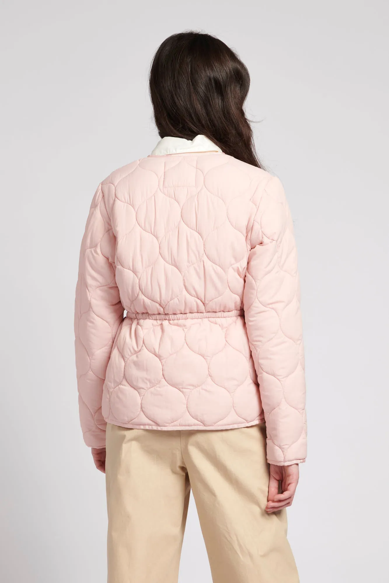 Womens Drawstring Waist Quilted Jacket in Silver Pink