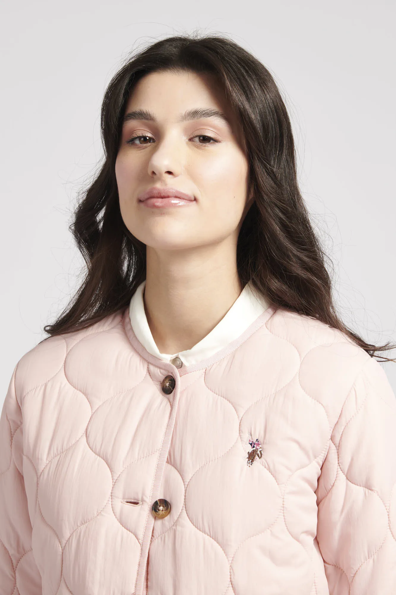 Womens Drawstring Waist Quilted Jacket in Silver Pink