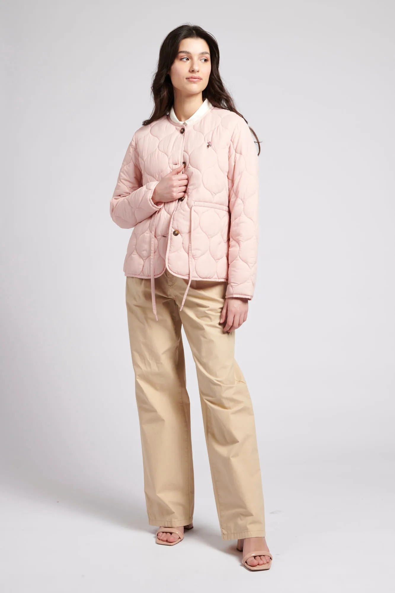 Womens Drawstring Waist Quilted Jacket in Silver Pink