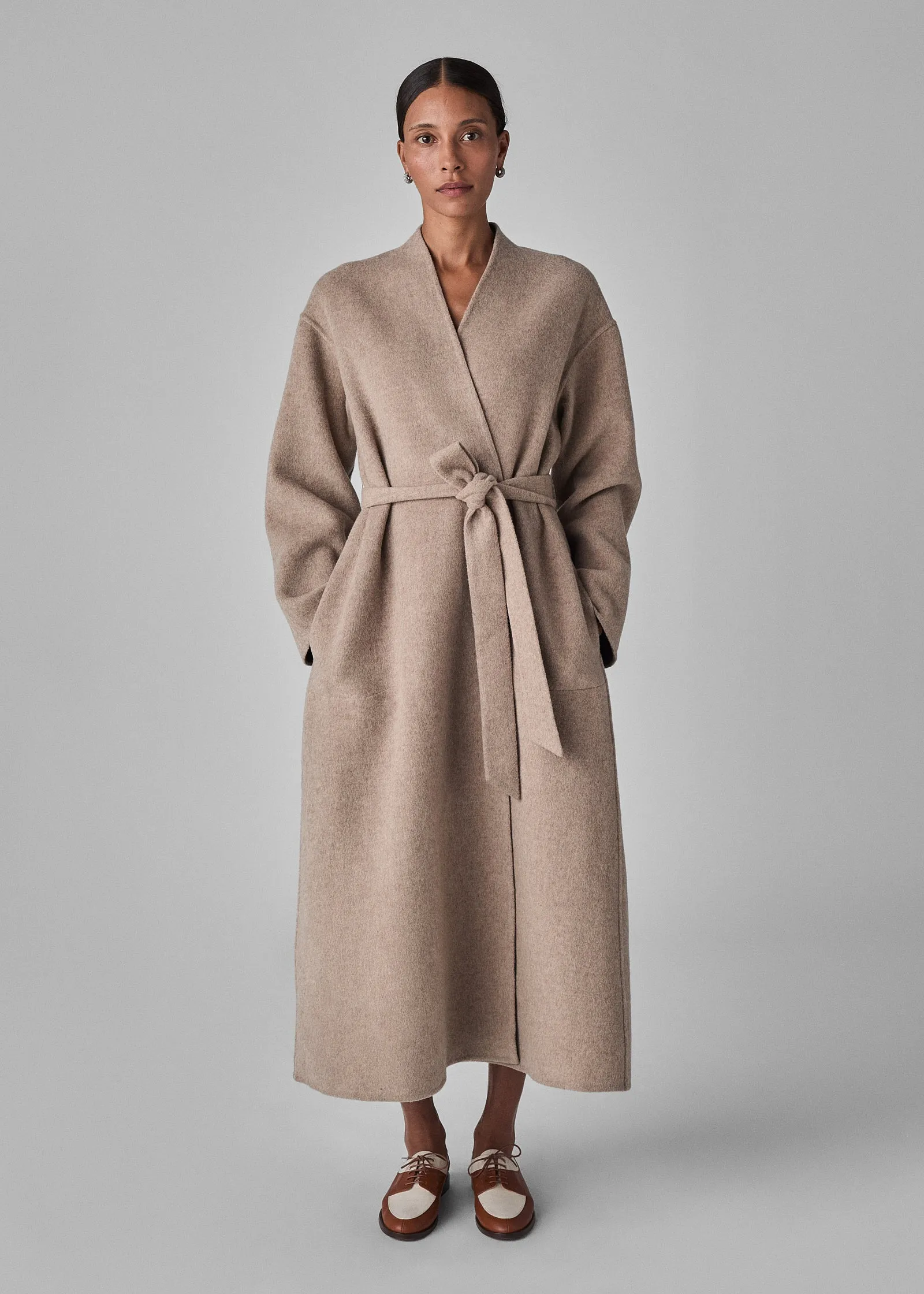 Wrap Coat in Double Faced Wool Cashmere  - Taupe