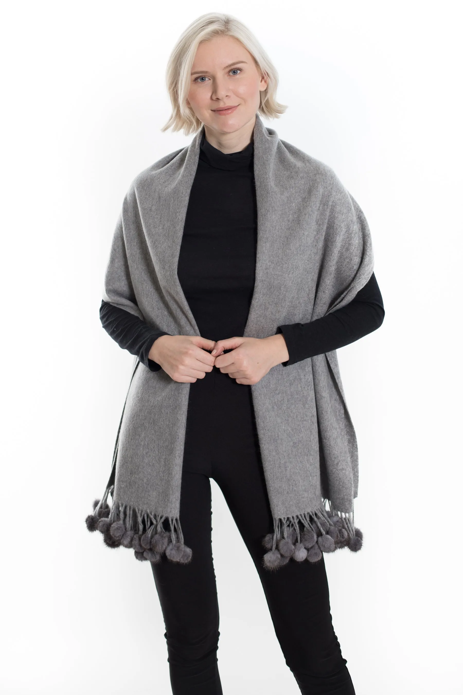 ZELL - Cashmere Wrap with Mink Pom Pom