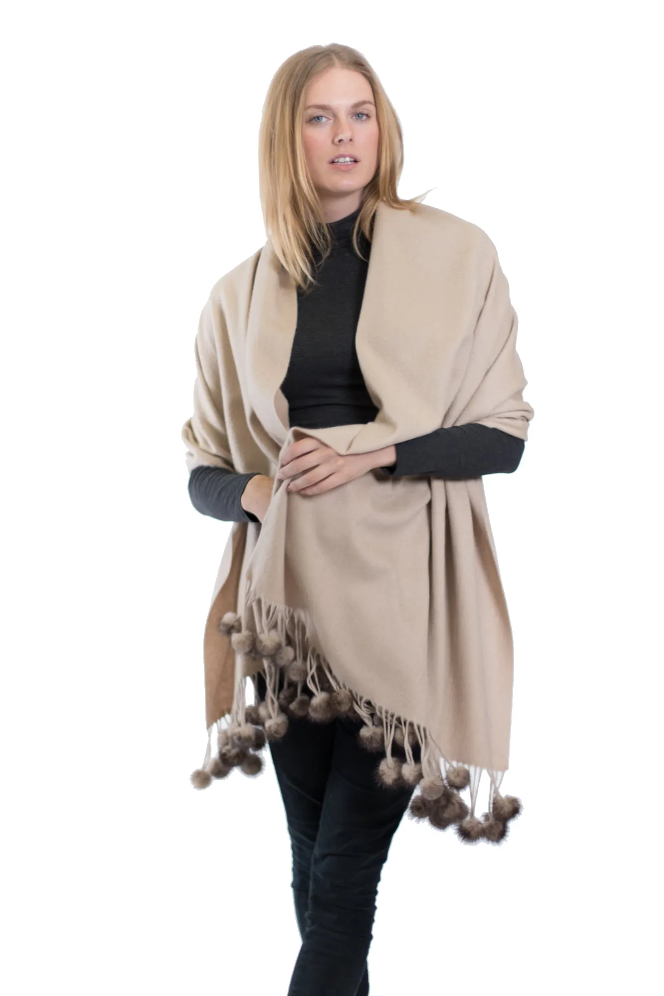 ZELL - Cashmere Wrap with Mink Pom Pom