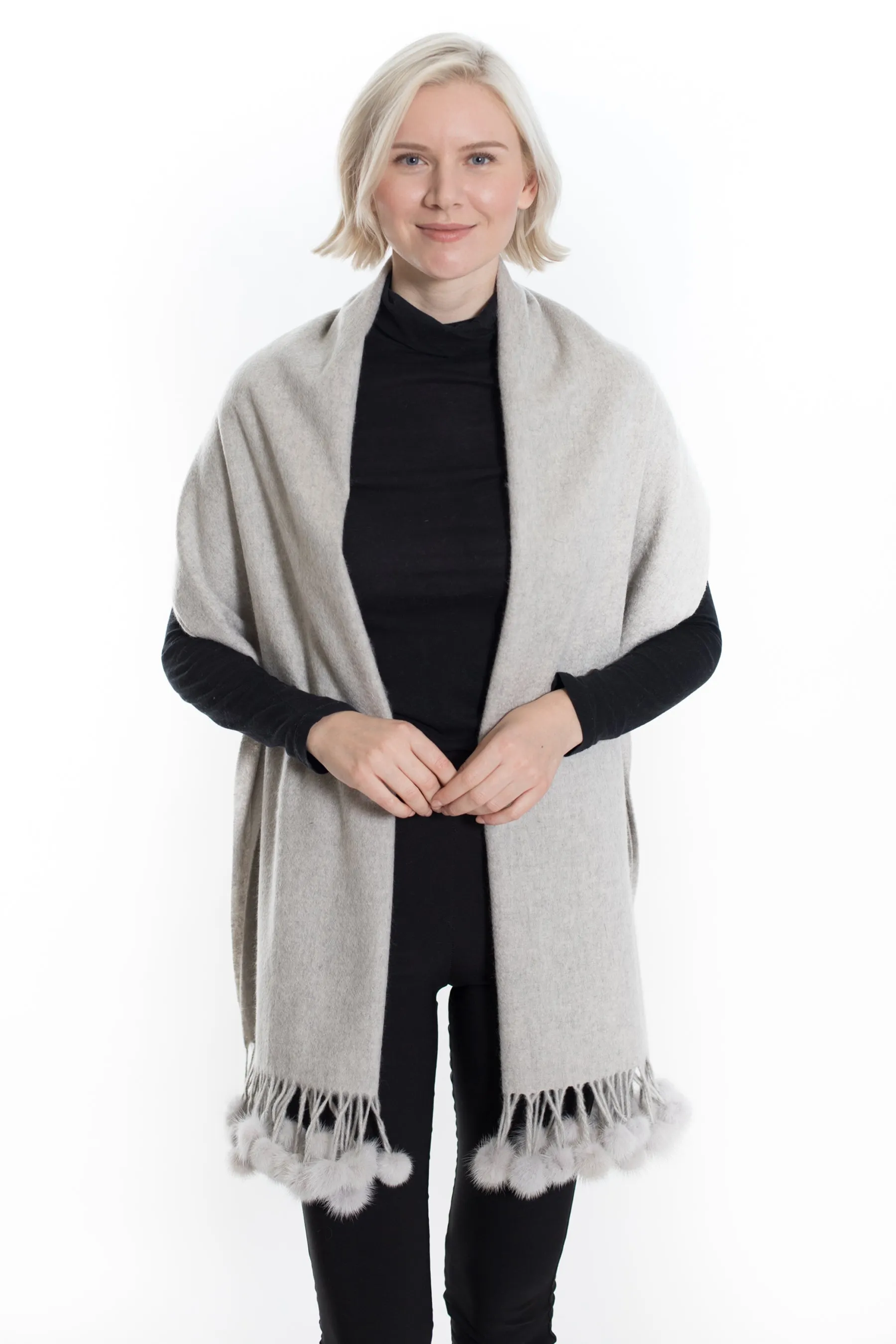 ZELL - Cashmere Wrap with Mink Pom Pom