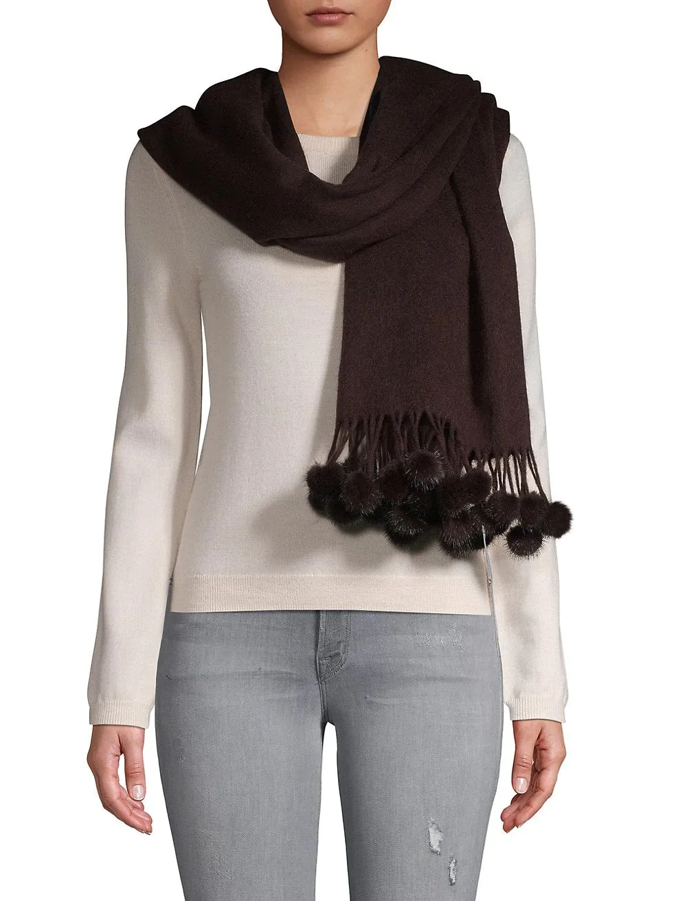 ZELL - Cashmere Wrap with Mink Pom Pom