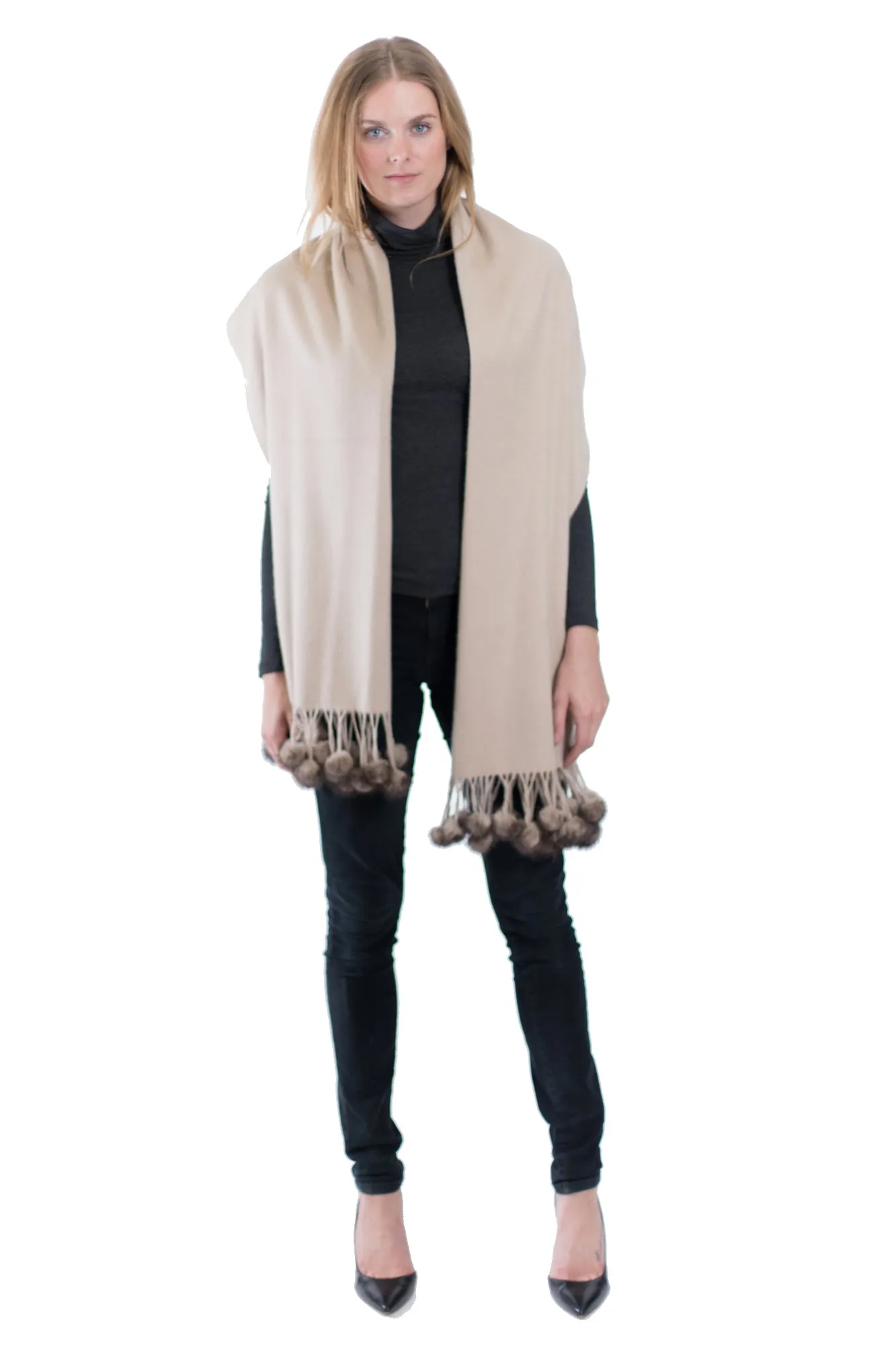 ZELL - Cashmere Wrap with Mink Pom Pom